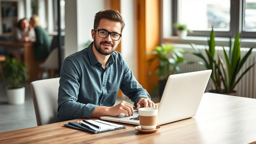 Founder sitting at desk with laptop, coffee cup, and notebook, looking focused and determined, modern startup office environment, natural lighting from window