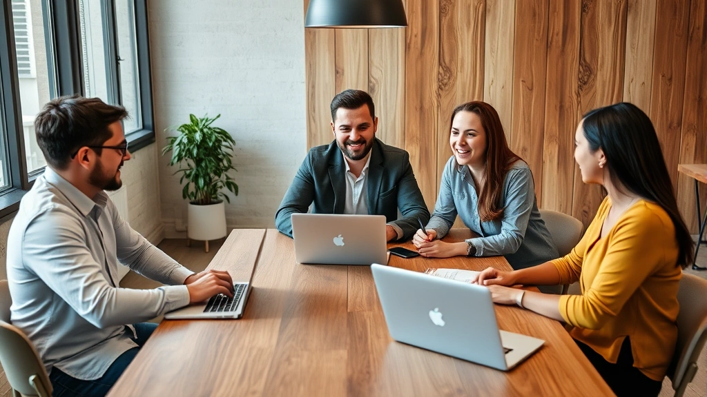Diverse team of three professionals in casual startup attire having an engaged discussion around a wooden table with laptops and notepads visible