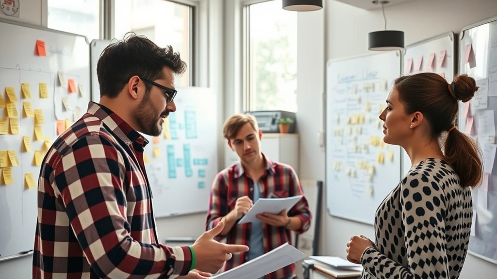 A founder in a small startup office surrounded by whiteboards and post-it notes, deep in conversation with a customer about product feedback, natural lighting from windows, authentic entrepreneurial workspace
