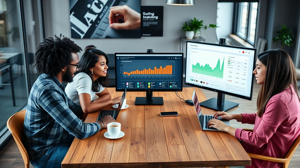 A diverse founding team of three people sitting around a wooden table with laptops and coffee cups, reviewing metrics on a monitor, focused and collaborative energy, modern startup environment