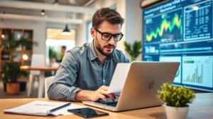 Founder at laptop reviewing financial spreadsheets and business metrics with focused intensity in a modern startup office environment