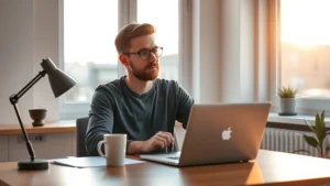 Founder sitting at a desk at dawn, laptop open, coffee cup, natural morning light through a window, thoughtful expression, minimalist startup workspace, photorealistic