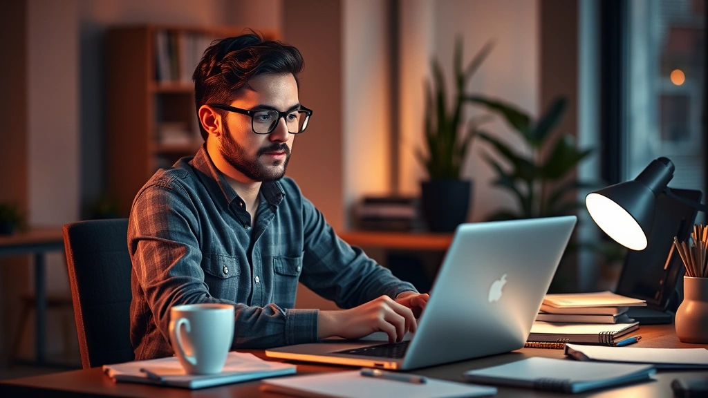 Founder working late at desk with laptop, coffee cup, notebooks scattered around, focused expression, warm office lighting, startup workspace aesthetic