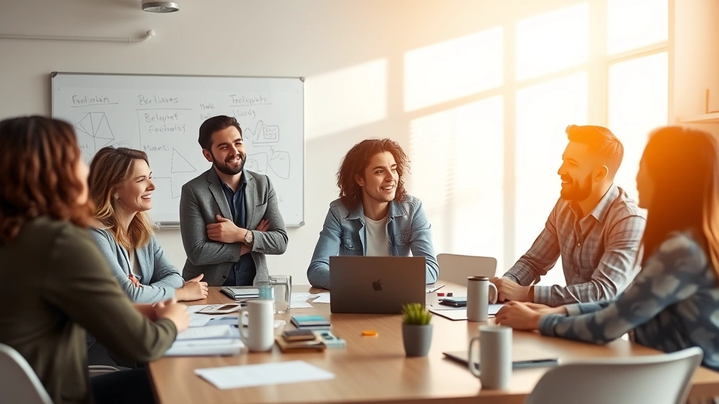 Diverse founding team having collaborative discussion around table with whiteboards in background, engaged body language, modern office environment, morning light
