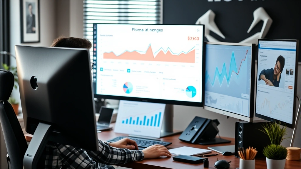 Solo entrepreneur at computer with dashboard metrics visible on monitor, growth chart trending upward, organized desk setup, professional but approachable atmosphere