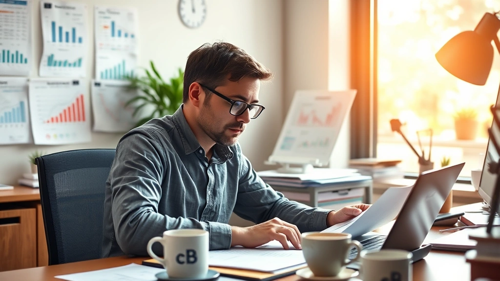 Founder working at desk surrounded by financial spreadsheets and coffee cups, focused expression, natural morning light through window, realistic office environment