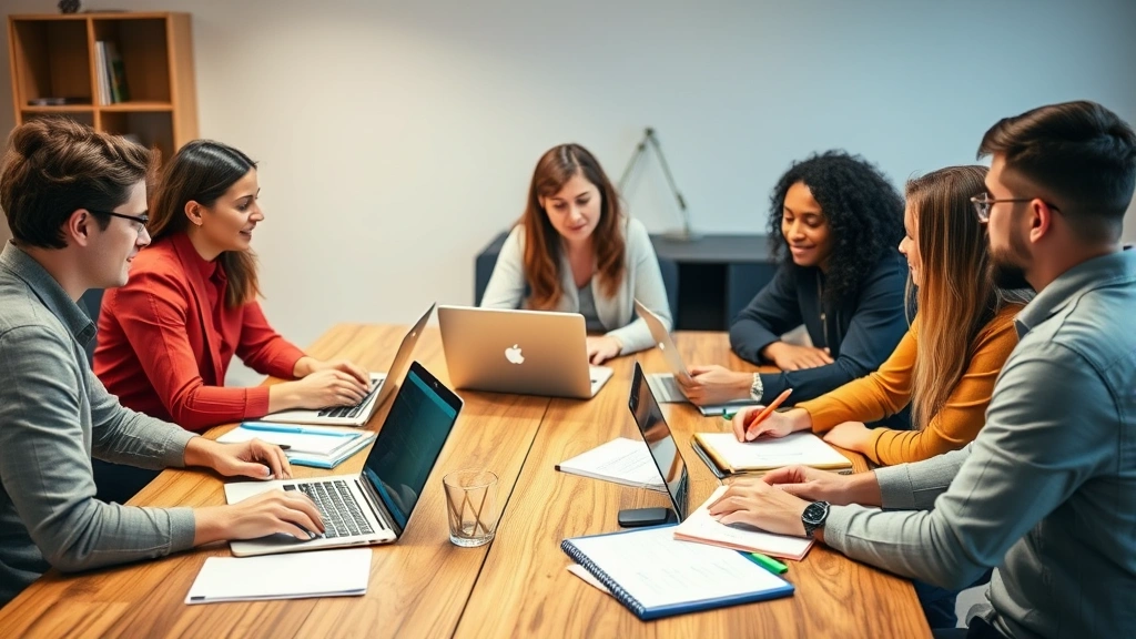 Team collaborating around a wooden table with laptops and notebooks, diverse group discussing strategy, warm office lighting, candid working moment