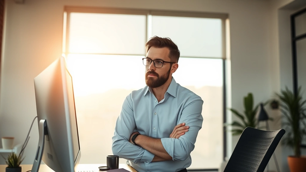 Entrepreneur reviewing metrics on computer screen, thoughtful posture, modern minimalist office, late afternoon light, serious but determined expression