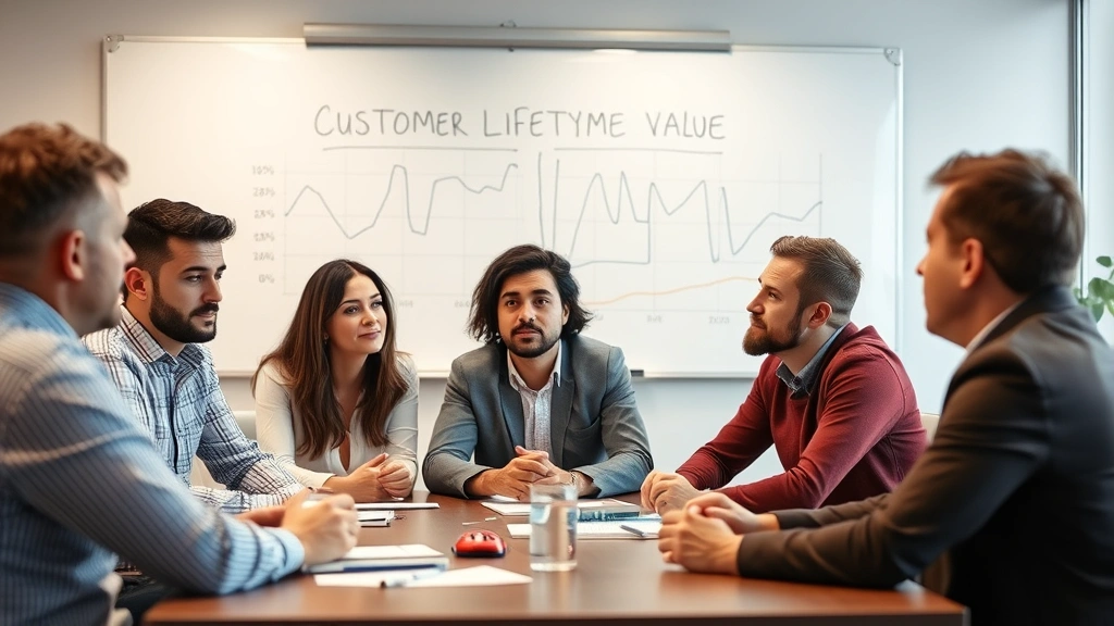 Team in meeting discussing retention metrics and customer lifetime value, collaborative atmosphere, whiteboard in background blurred, professional casual setting