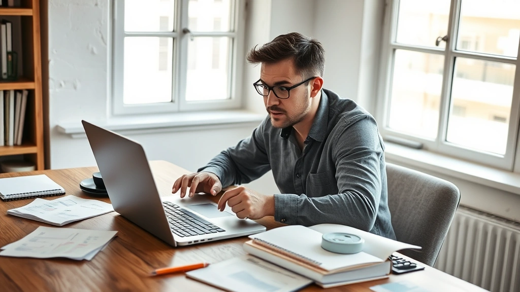 Entrepreneur analyzing customer churn data on laptop, notebooks with financial notes scattered, determined expression, natural daylight from window, authentic workspace