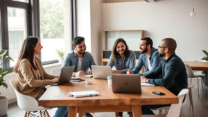 Diverse founding team of four entrepreneurs in casual startup office setting, collaborating around a wooden table with laptops and notebooks, genuine conversation and laughter, natural daylight from large windows, modern minimalist workspace