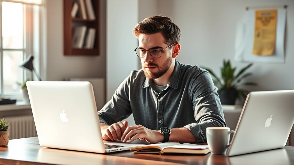 Founder working intently at desk with laptop and notebook, morning light streaming through window, coffee cup nearby, focused and determined expression, startup workspace aesthetic