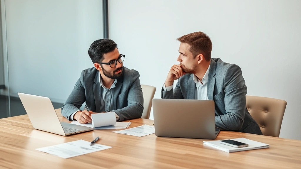 Two entrepreneurs in casual business attire having serious conversation across modern meeting table, financial documents and laptop visible, collaborative but intense discussion about strategy