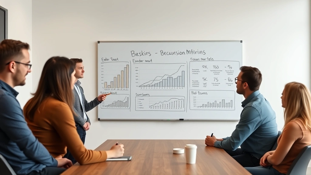 Diverse team of founders and investors reviewing business metrics on whiteboard in minimalist conference room, everyone engaged and nodding, professional but authentic entrepreneurial energy
