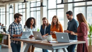 Diverse startup team in a modern office collaborating at a standing desk with laptops and notepads, natural sunlight streaming through large windows, focused and engaged expressions