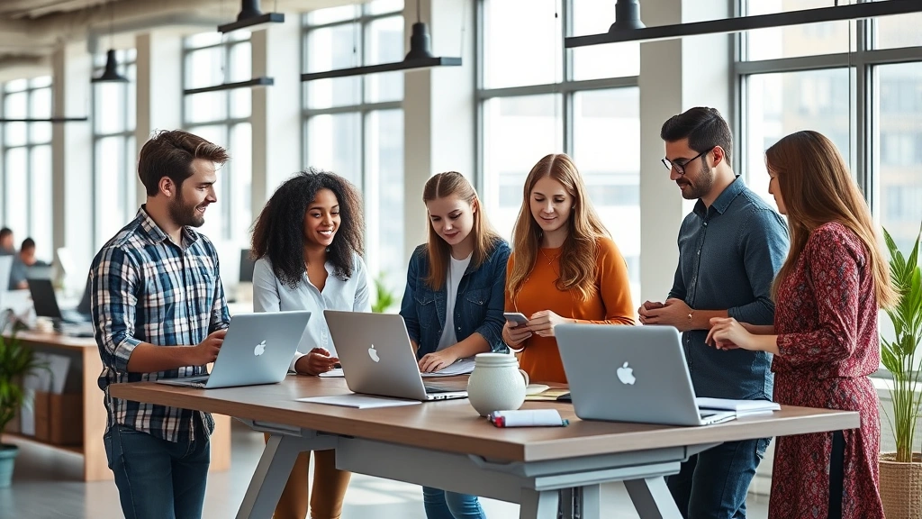 Diverse startup team in a modern office collaborating at a standing desk with laptops and notepads, natural sunlight streaming through large windows, focused and engaged expressions