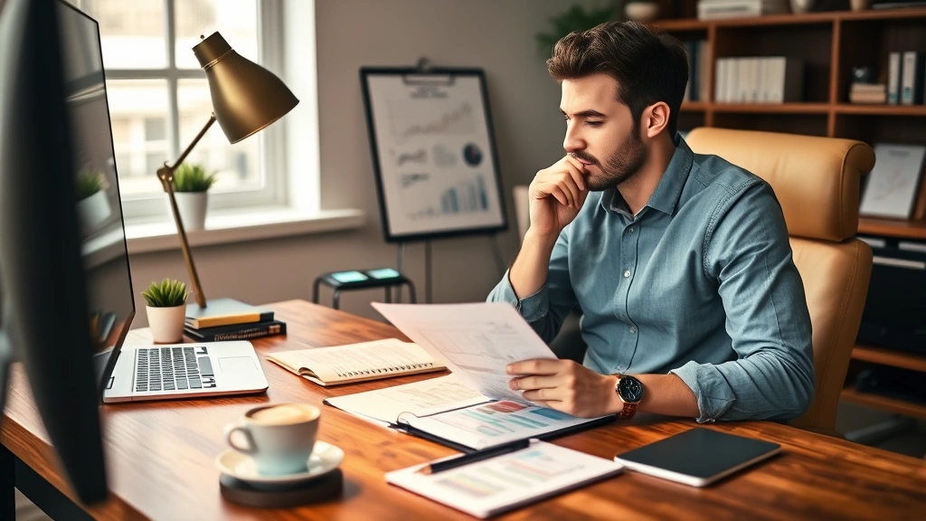 Founder reviewing growth metrics and scaling strategy documents on a wooden desk with coffee, notebook, and professional workspace, thoughtful expression