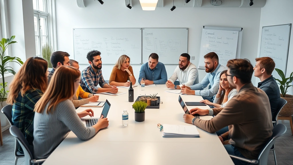 Team meeting in a growing startup office with multiple people around a conference table, whiteboards visible in background, dynamic energy and discussion happening