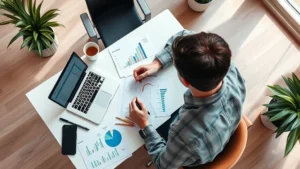 Overhead view of a founder analyzing financial spreadsheets and metrics on a desk with a laptop, notebook, and coffee cup in a bright startup office