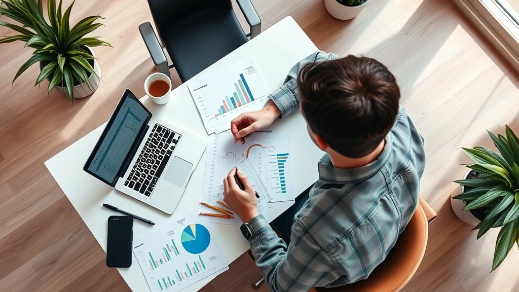 Overhead view of a founder analyzing financial spreadsheets and metrics on a desk with a laptop, notebook, and coffee cup in a bright startup office