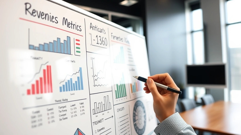 Close-up of a person writing on a whiteboard with business metrics, revenue models, and growth charts in a modern conference room