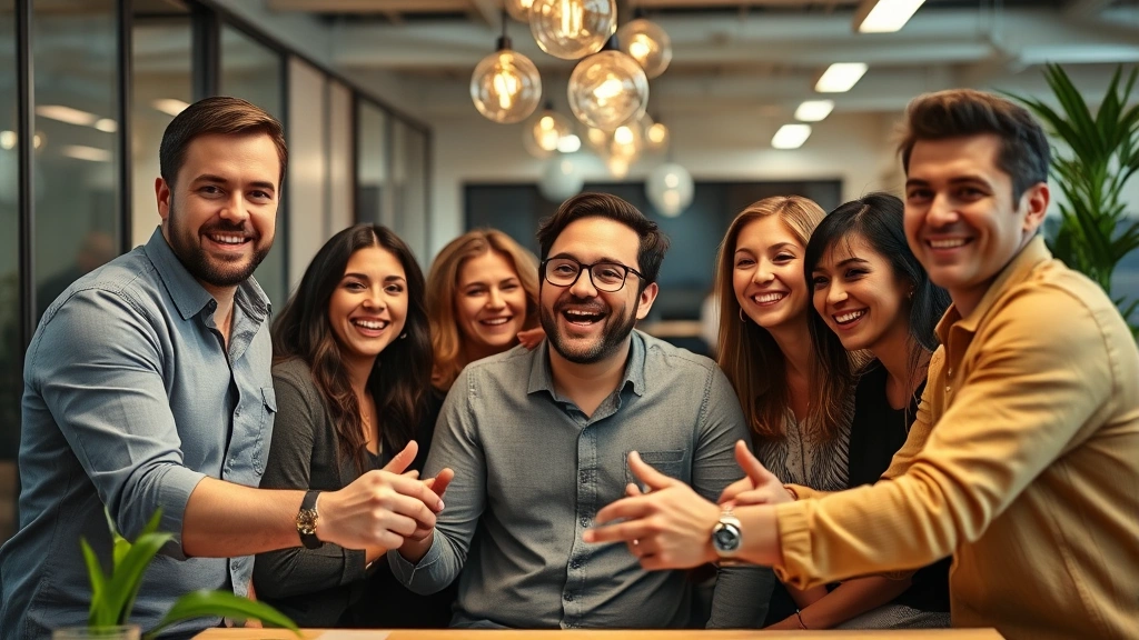 Founder celebrating with team members in an office after hitting profitability milestone, genuine happiness and accomplishment on faces