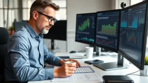 Founder reviewing financial dashboards and spreadsheets at desk with coffee, focused expression, modern workspace with multiple monitors