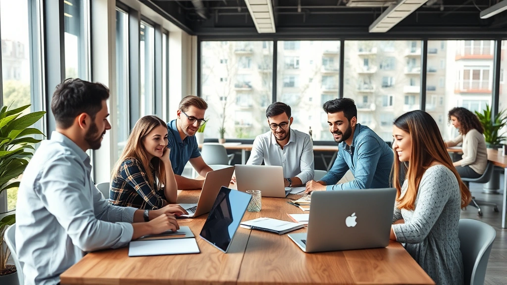 Diverse startup team collaborating around a wooden table with laptops and notebooks, natural sunlight streaming through large windows, focused expressions, modern office space