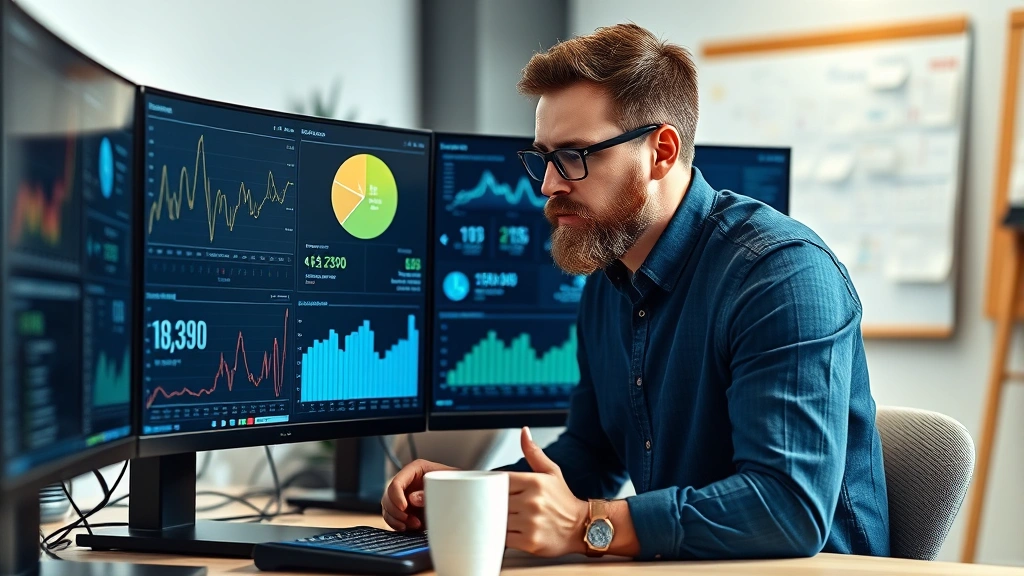 Founder reviewing financial dashboards and metrics on multiple screens, coffee cup nearby, concentrated expression, startup workspace with whiteboards in blurred background