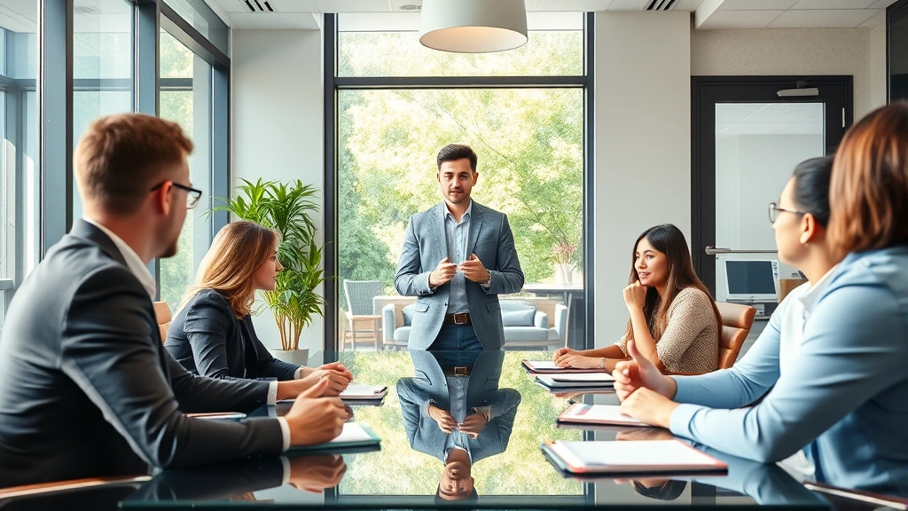 Young entrepreneur presenting to investors in a modern conference room, confident body language, professional attire, glass table with notebooks, natural lighting