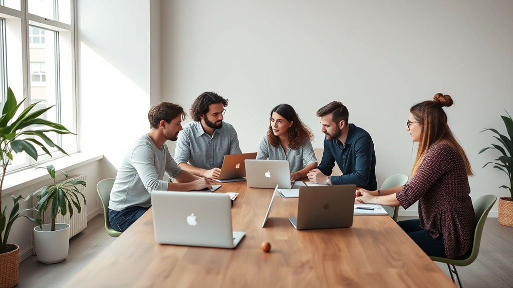 Diverse founding team of 4-5 people in a minimalist startup office space, gathered around a wooden table with laptops and notebooks, natural lighting, genuine collaboration and focused discussion, photorealistic