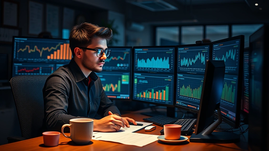 Young entrepreneur working late at desk with multiple monitors showing financial dashboards and metrics, surrounded by coffee cups and notes, concentrated expression, warm office lighting, photorealistic startup environment