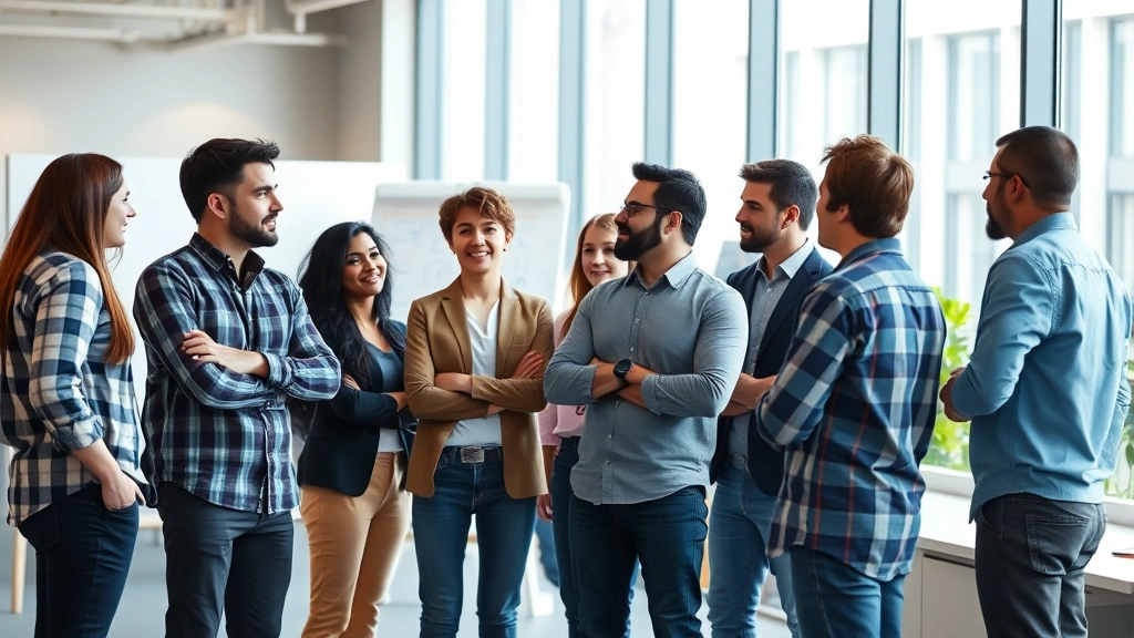 Diverse group of employees in casual meeting discussing strategy with whiteboards visible in background, standing in modern open office space with large windows, natural daylight, genuine teamwork energy, photorealistic