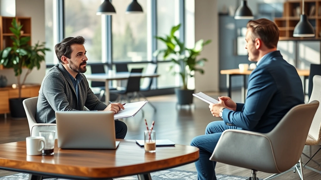 Founder sitting at a desk with a laptop and notepad, having a serious conversation with a potential customer across a coffee table in a modern office space, natural lighting, both engaged and taking notes