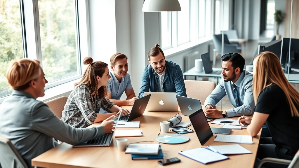 Diverse small team of 3-4 people brainstorming around a conference table with laptops and notepads, collaborative energy, natural daylight from windows, casual but focused atmosphere