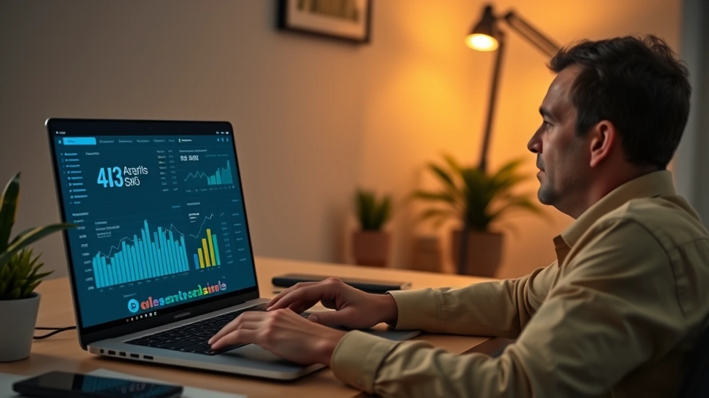 Solo entrepreneur reviewing financial dashboards and metrics on a laptop screen showing growth charts and revenue data in a minimalist home office setup, concentrated expression, warm ambient lighting