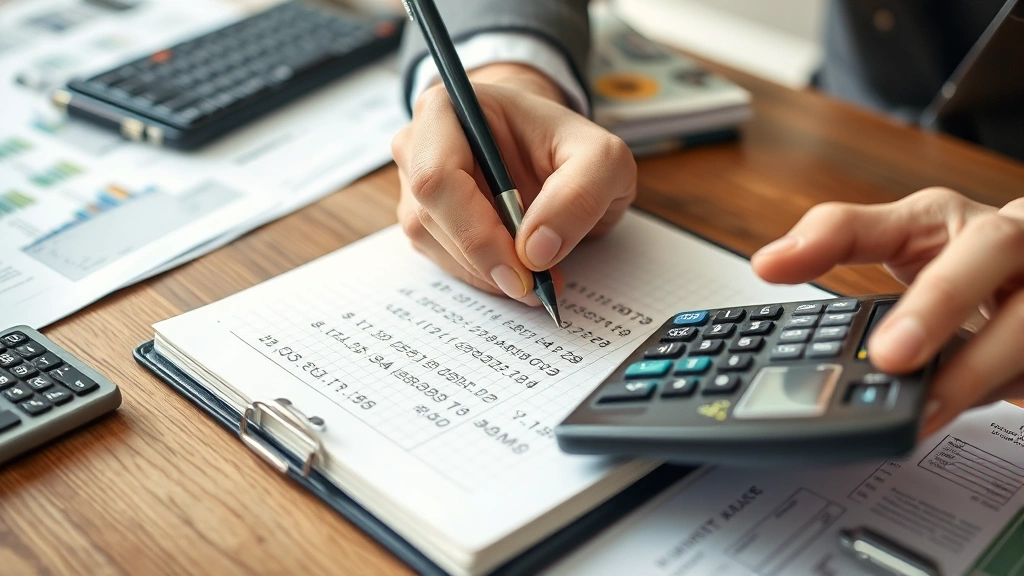 Close-up of hands writing numbers and calculations on notebook with calculator visible, financial planning documents scattered, entrepreneurial workspace detail shot