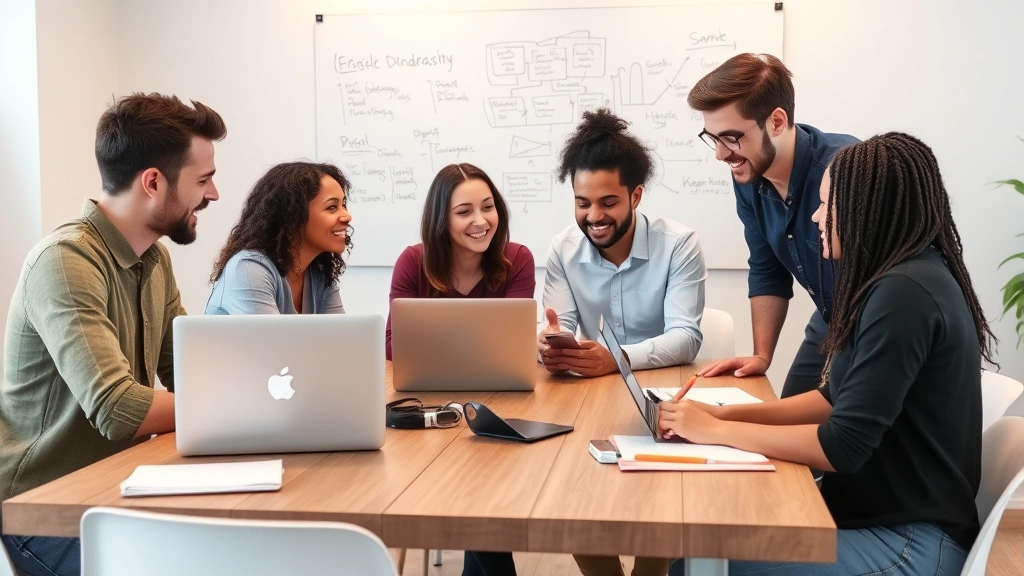Diverse founding team collaborating around a table with laptops and notepads, whiteboard with brainstorming notes visible in background, energetic discussion