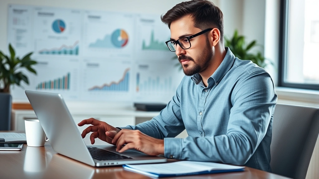 Founder reviewing financial dashboards and spreadsheets on laptop, coffee cup nearby, focused expression, natural office lighting, realistic business setting