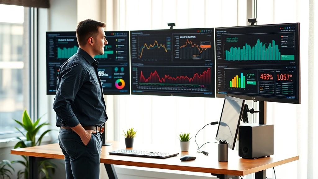 Entrepreneur at standing desk with multiple monitors displaying analytics and business metrics, professional but relaxed environment, morning light