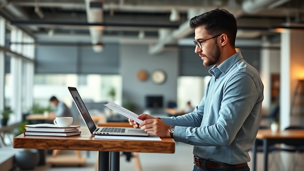 Founder working at a standing desk in a modern startup office, reviewing financial data and market research on a laptop, surrounded by notebooks and coffee, focused and determined expression
