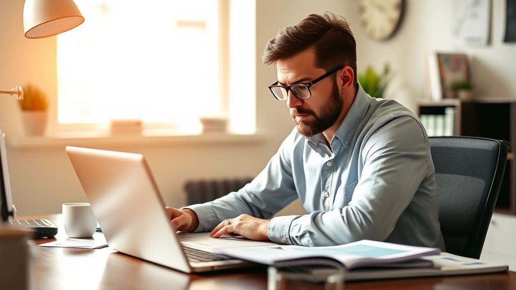 Founder reviewing financial spreadsheets and budget documents on a desk with laptop and coffee, serious focused expression, morning natural lighting, real office environment