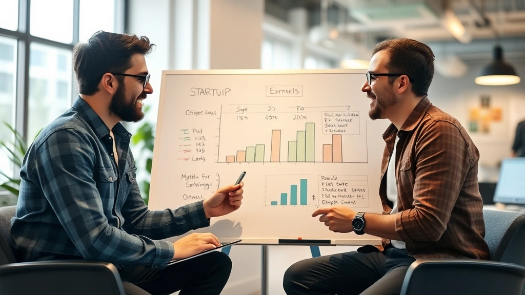 Two entrepreneurs in casual meeting discussing startup metrics on whiteboard, collaborative energy, modern startup office space, natural daylight from windows