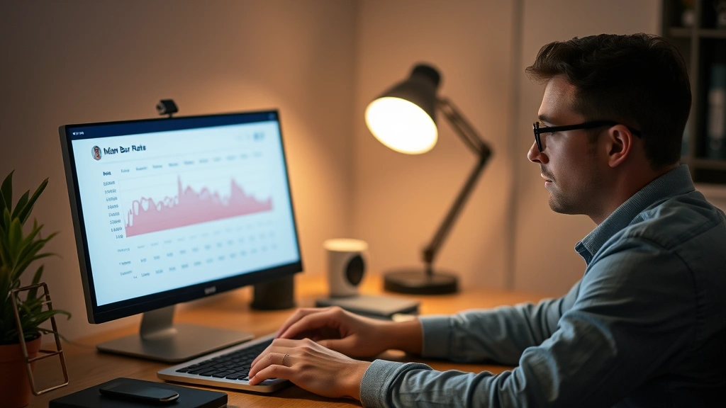 Solo founder at desk late evening reviewing monthly burn rate calculations on laptop screen, contemplative expression, warm desk lamp lighting, entrepreneurial workspace