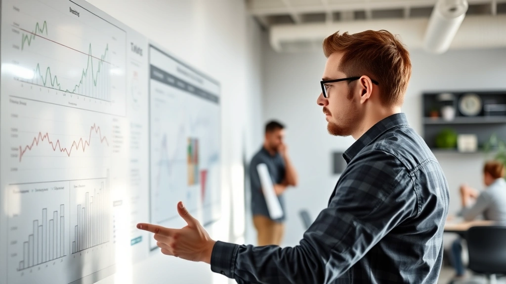 Founder in startup office reviewing business metrics on whiteboard wall, intense focus, natural lighting, modern workspace with team collaboration setup