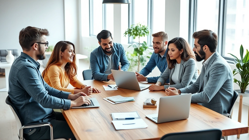 Diverse entrepreneur team in modern startup office having collaborative discussion around wooden table with laptops and notebooks, natural lighting from windows, casual business attire, focused expressions