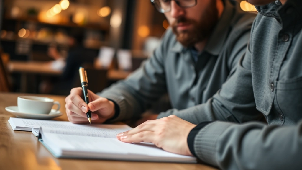 Close-up of founder taking detailed notes during customer interview meeting, coffee shop setting, warm ambient lighting, notebook and pen in sharp focus, listening intently