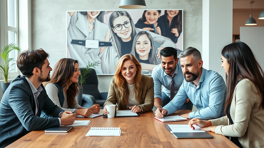 Team of diverse professionals in casual meeting, discussing strategy around wooden table with notebooks and coffee, collaborative startup environment