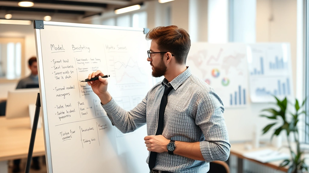 Entrepreneur writing notes on whiteboard, planning business model and strategy, professional business setting with charts visible in background