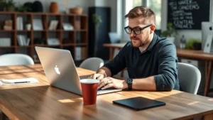 Entrepreneur working on laptop at wooden desk with coffee cup, natural sunlight, casual startup office environment, focused expression, no visible screen content